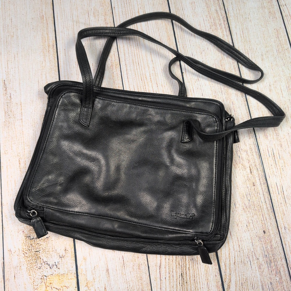 Tignanello Black Leather Crossbody Shoulder Bag‎ Organizer Purse